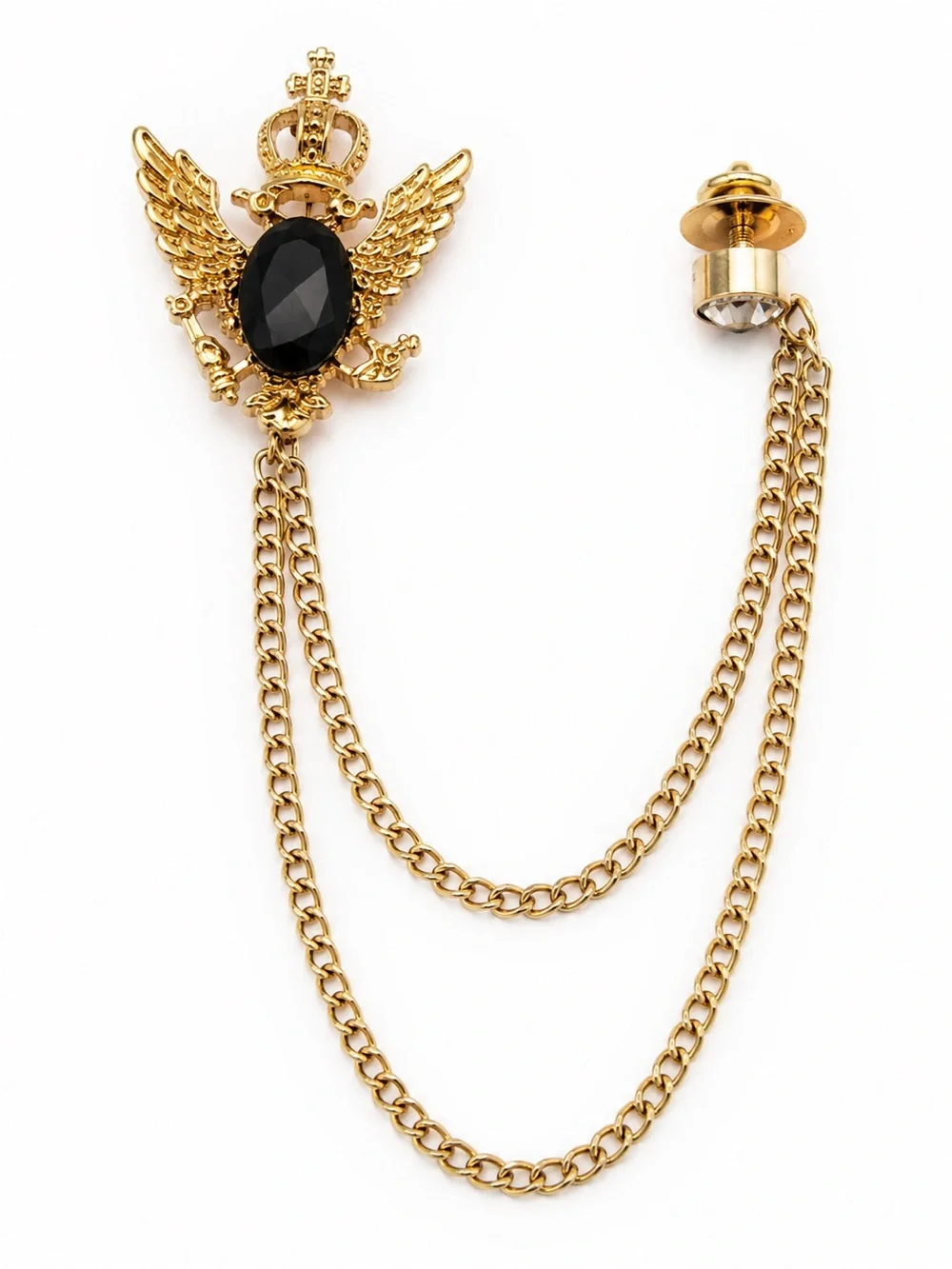 New Gold Tone Crown Eagle Double Chain Lapel Pin Brooch Black Cabochon
